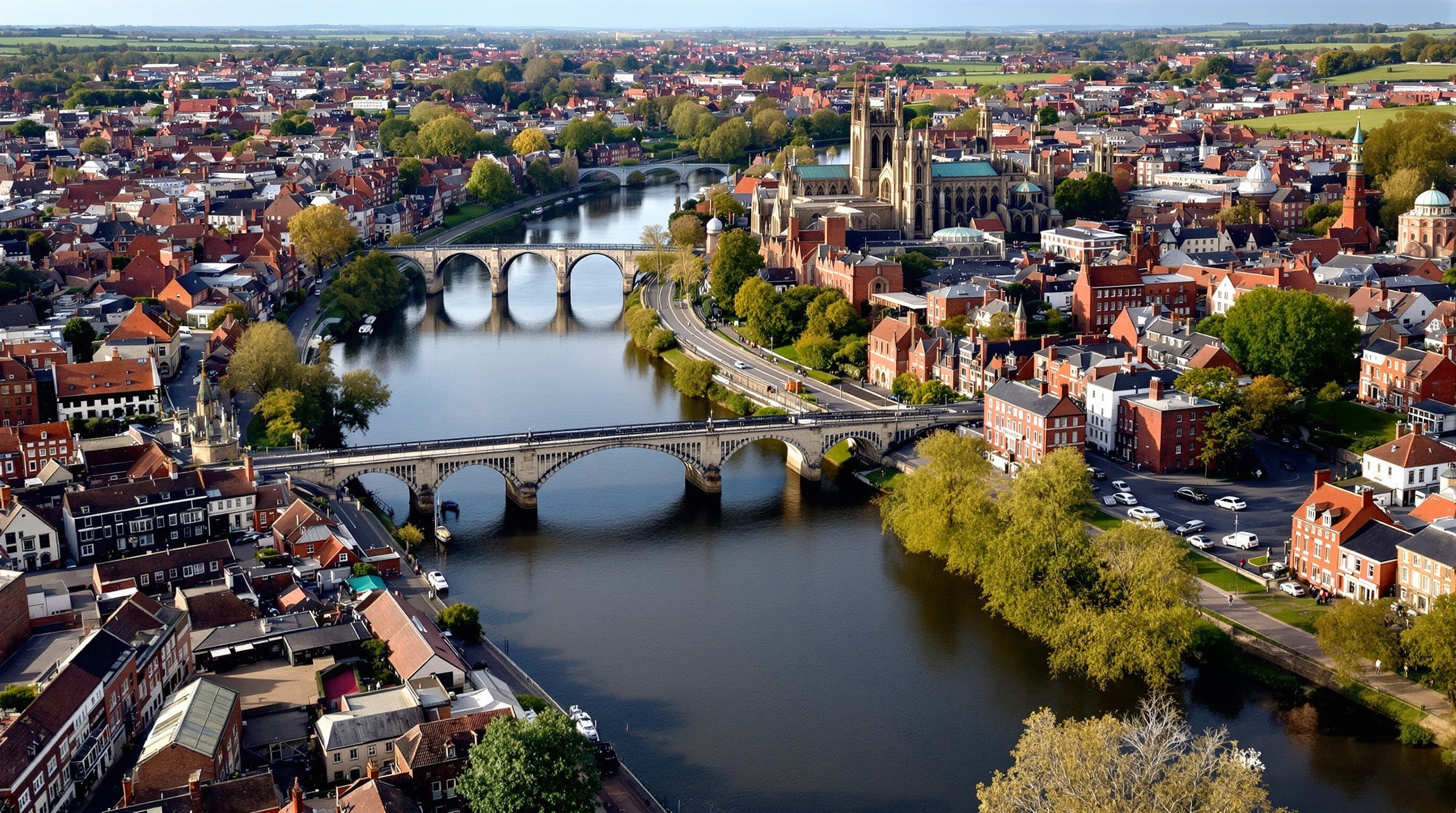 Aerial view of Chester showing the historic city walls and architecture